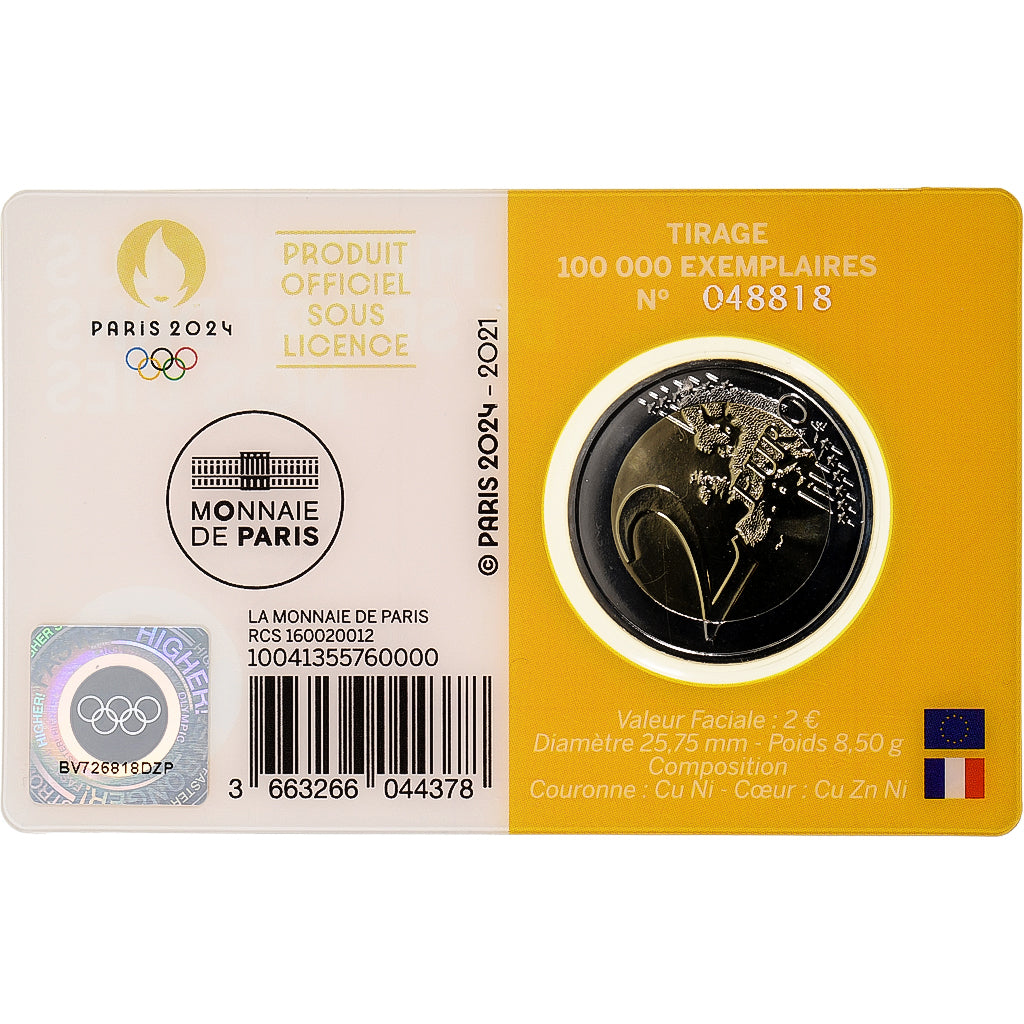 France, 2 Euro, Olympic Games Paris 2024, Coin Card. BU, 2021, MDP, Bi-Metallic