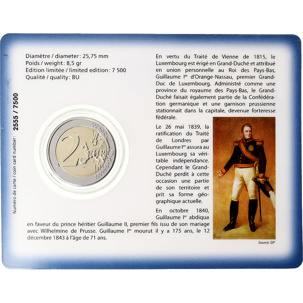 Luxemburg, 2 Euro, Death of Guillaume I, Coin Card. BU, 2018, Utrecht