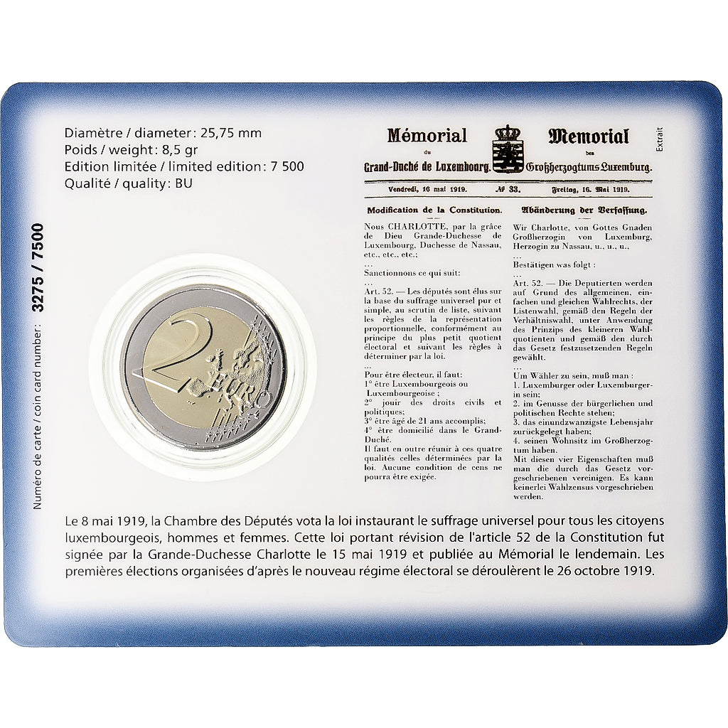 Luxemburgo, 2 Euro, Centenaire du suffrage universel, Coin Card. BU, 2019