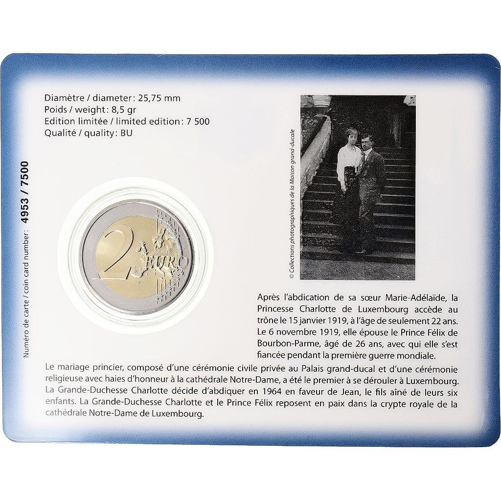 Lussemburgo, 2 Euro, Charlotte Grand Duchess of Luxembourg, Coin Card. BU, 2019