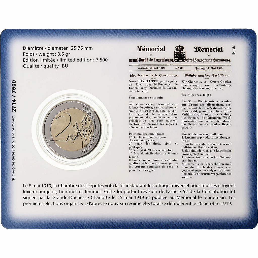 Luxemburg, 2 Euro, Centenaire du suffrage universel, Coin Card. BU, 2019