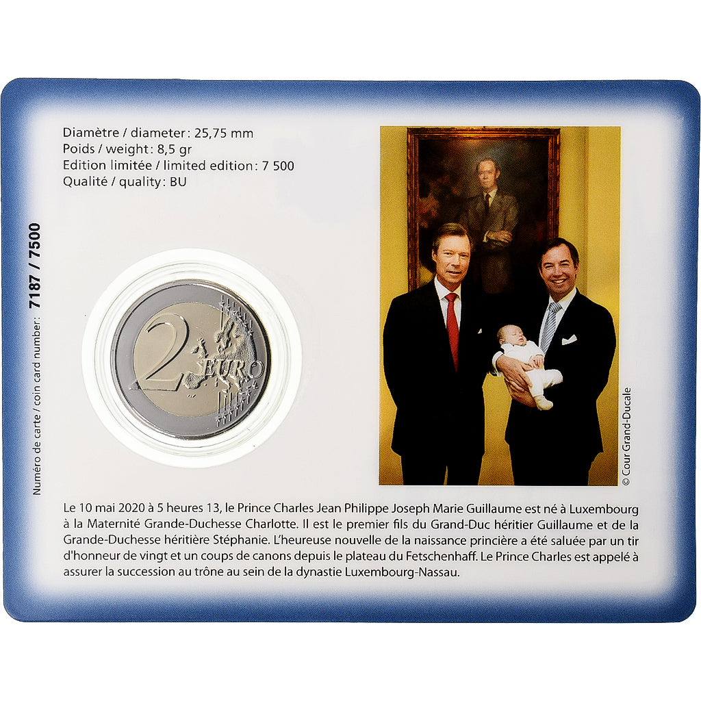 Luxemburgo, 2 Euro, Birth of Prince Charles, Coin Card. BU, 2020, Utrecht