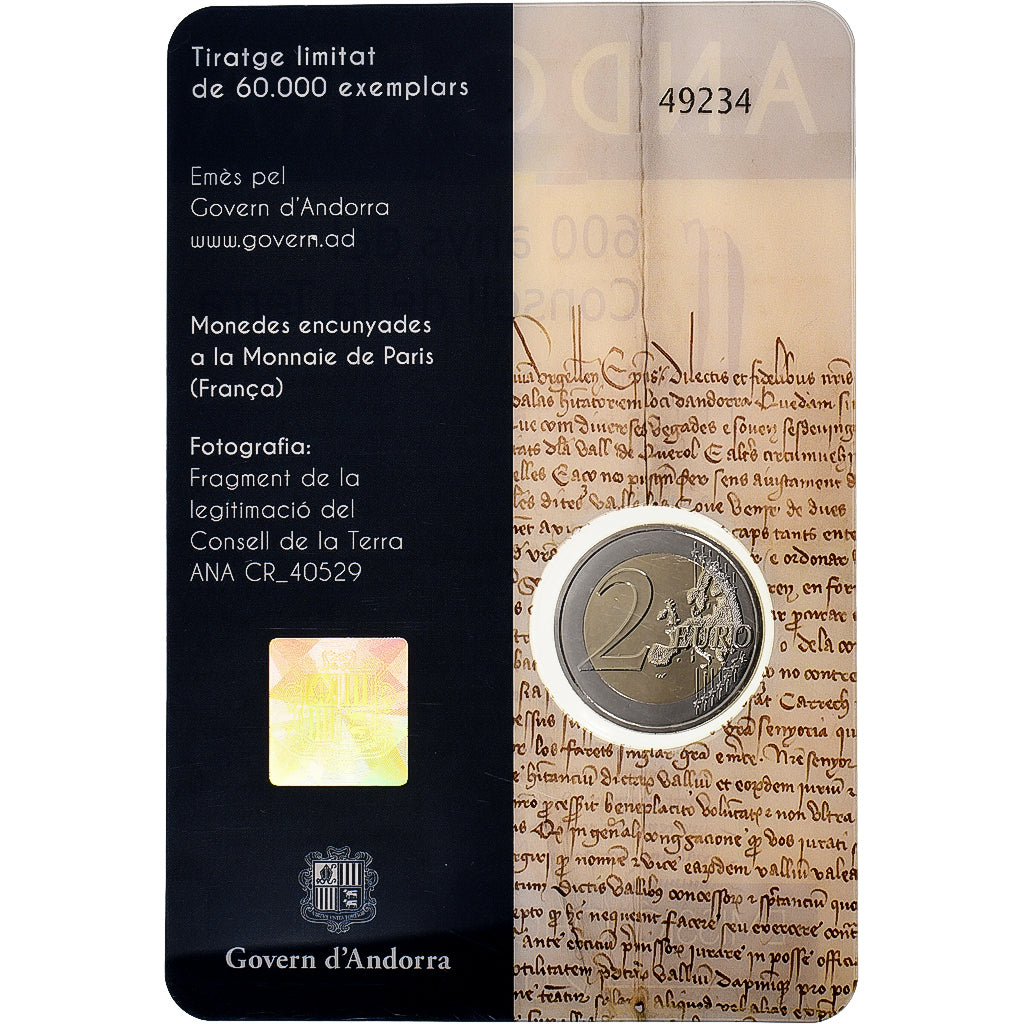 Andorre, 2 Euro, 600 ans - Conseil de la Terre, Coin card, 2019, Bimétallique