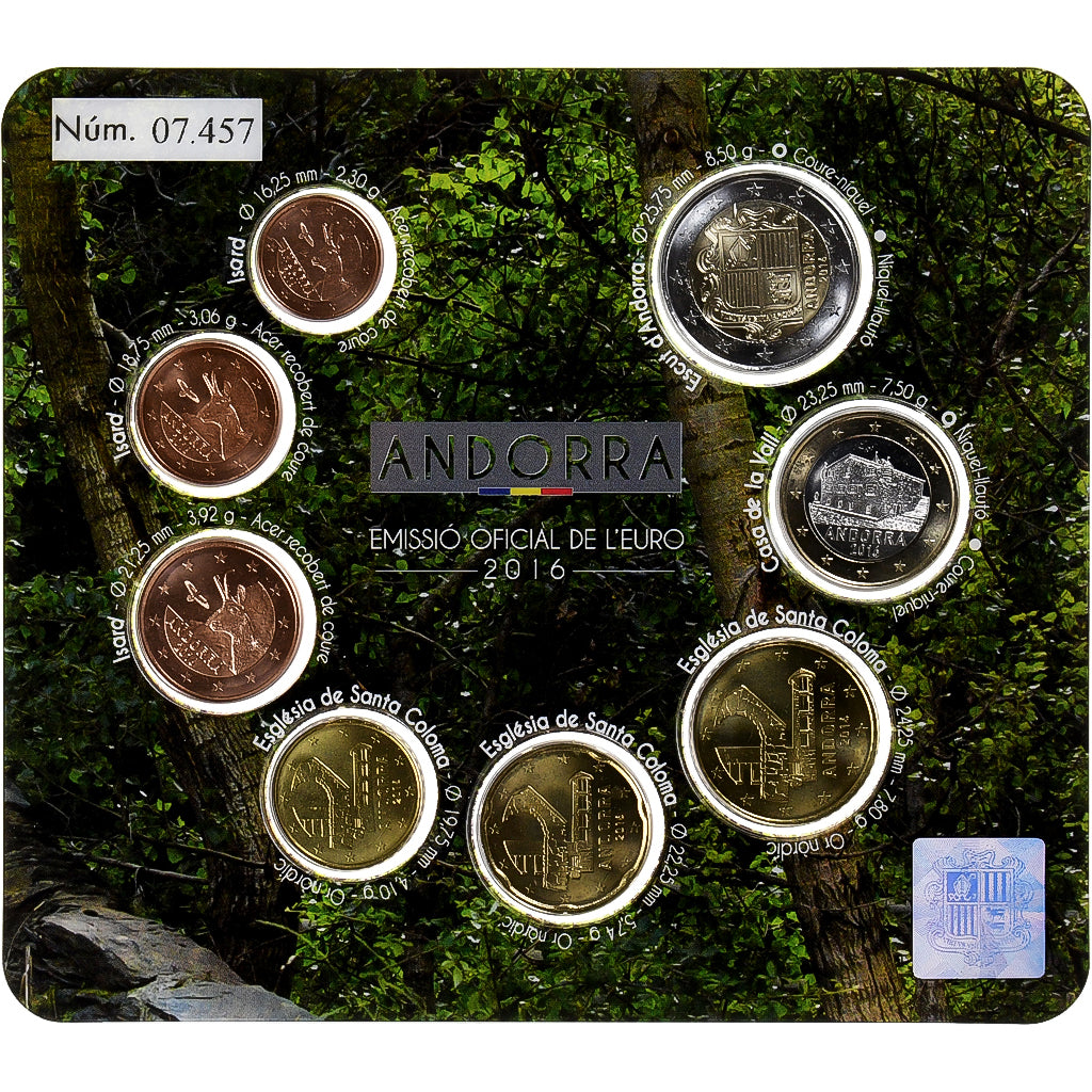 Andorre, Set 1 cts. - 2 Euro, Coin Card. BU, 2016, FDC