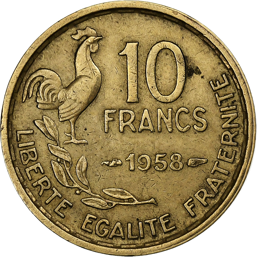 Francja, 10 Francs, Guiraud, 1958, Paris, Brązal, AU(50-53), Gadoury:812