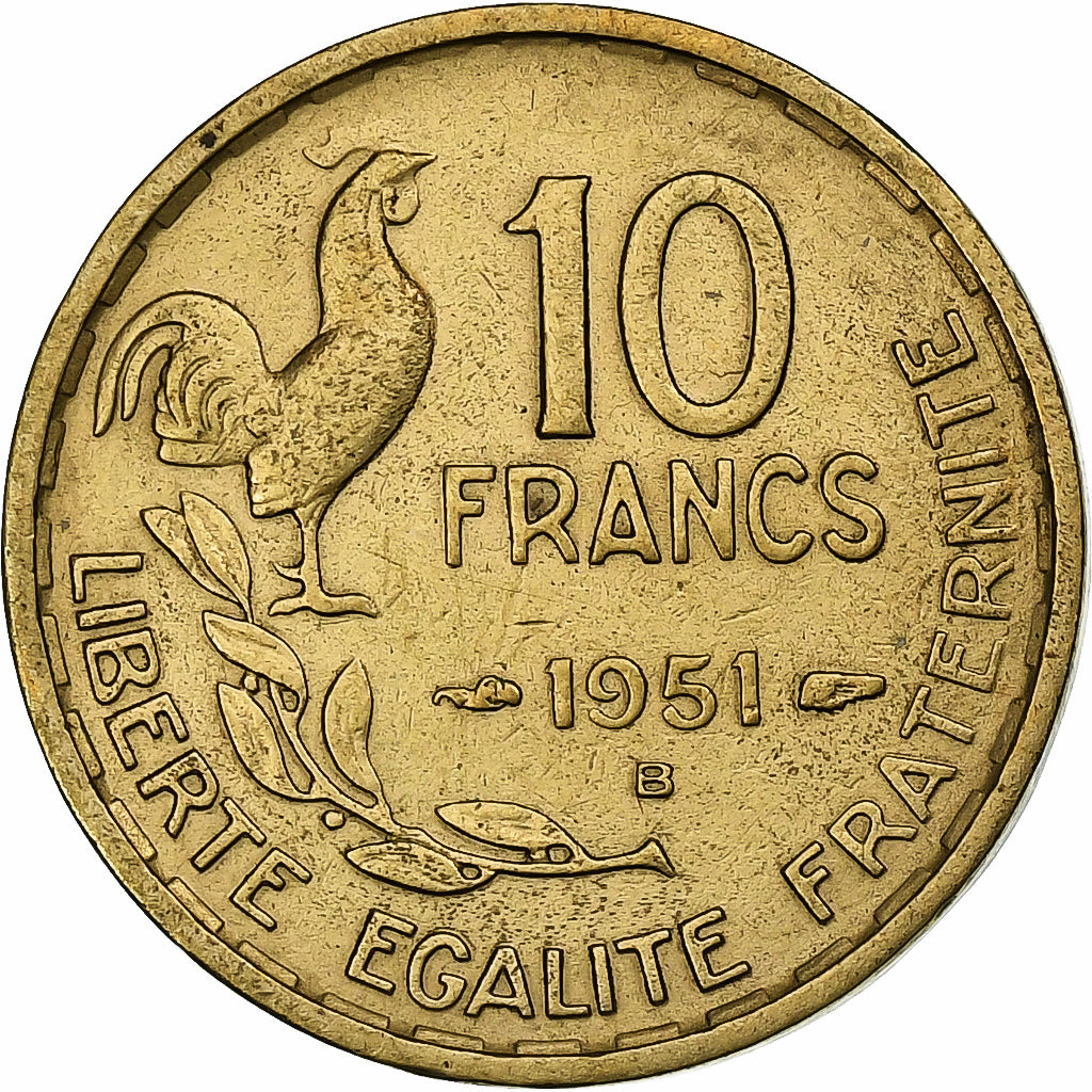 Francja, 10 Francs, Guiraud, 1951, Beaumont - Le Roger, Brązal, AU(50-53)