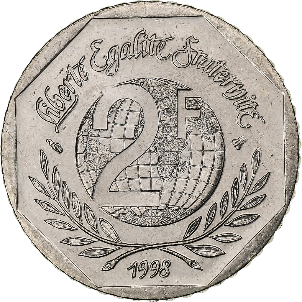 Francja, 2 Francs, René Cassin, 1998, MDP, Nikiel, MS(60-62), Gadoury:551