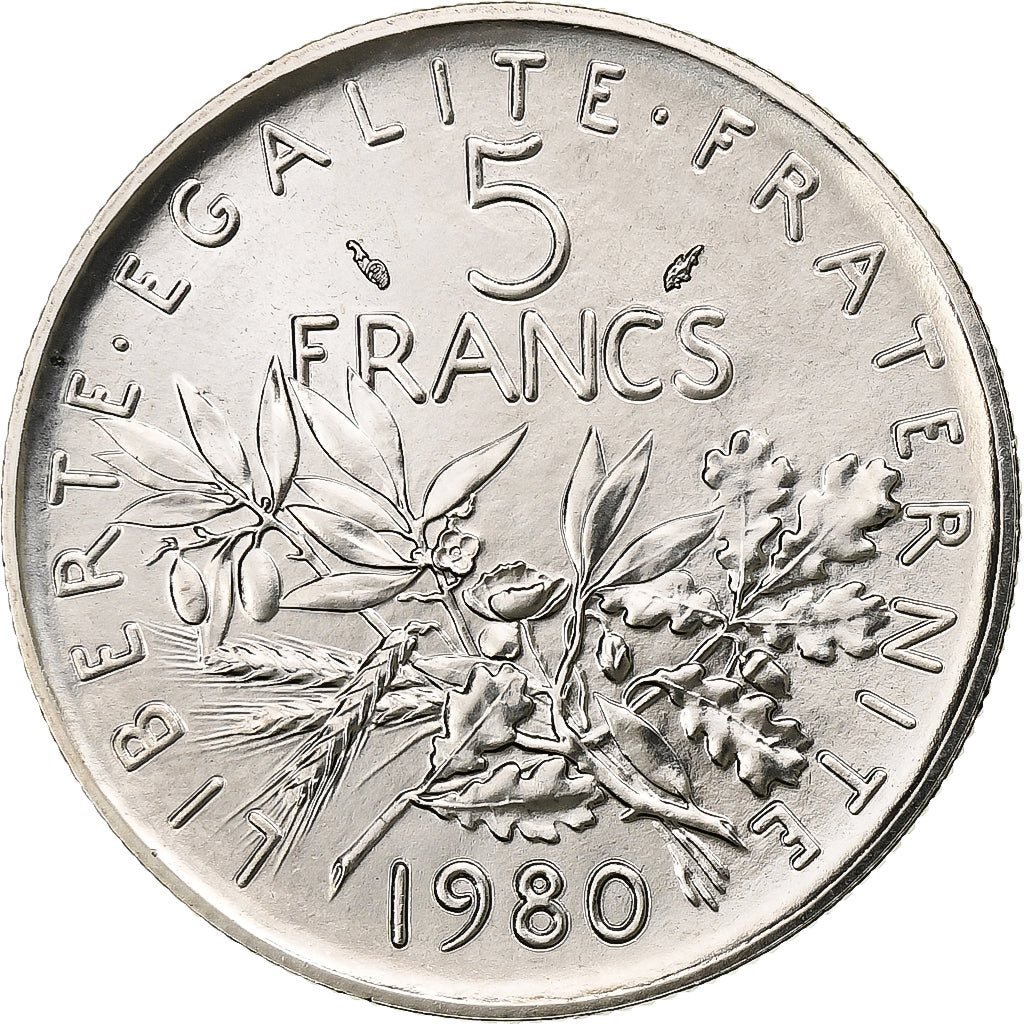 Francja, 5 Francs, Semeuse, 1980, MDP, série FDC, Miedzionikiel, MS(64)