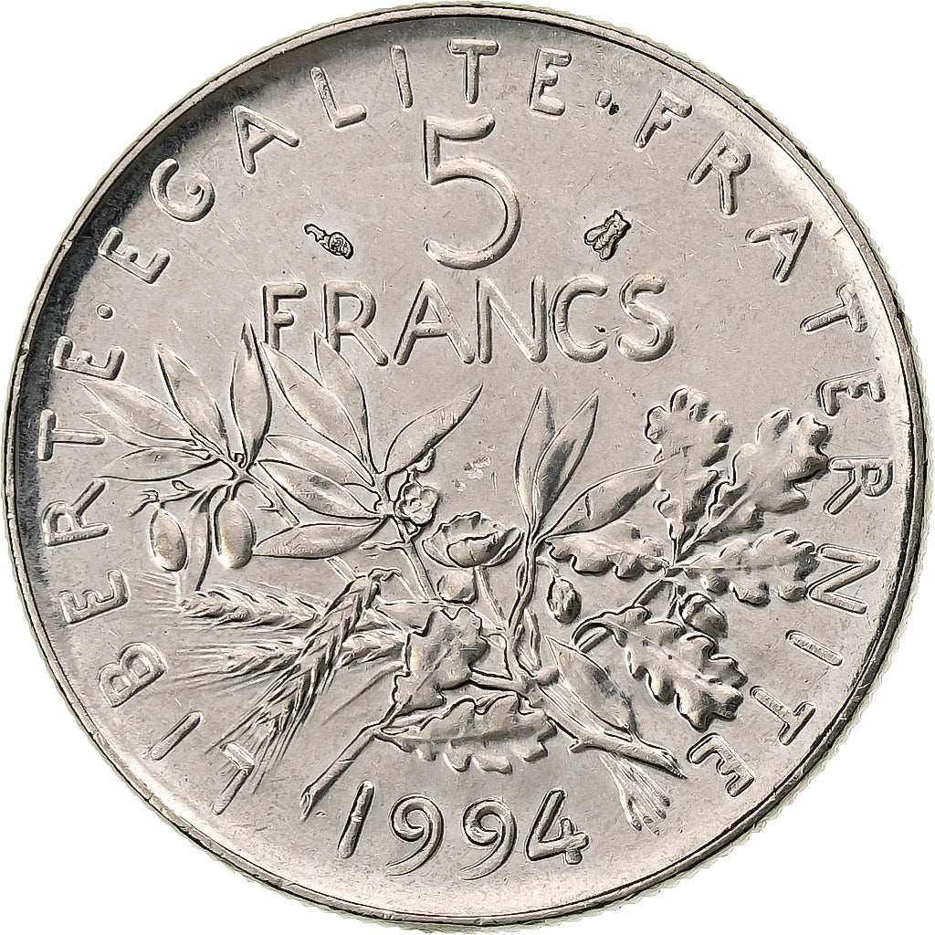 Francja, 5 Francs, Semeuse, 1994, MDP, Abeille, Miedzionikiel, MS(60-62)