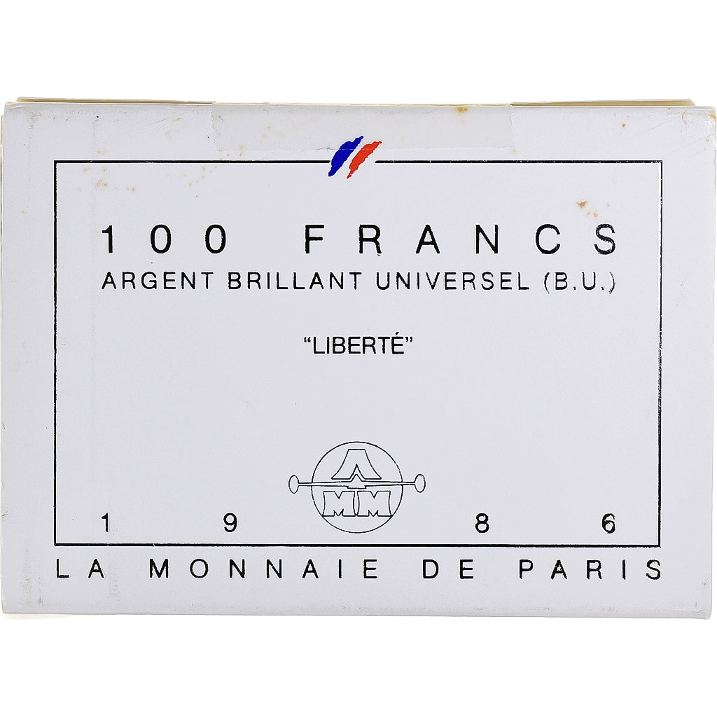 France, 100 Francs, Statue de la Liberté, 1986, MDP, BU, Silver, MS(65-70)