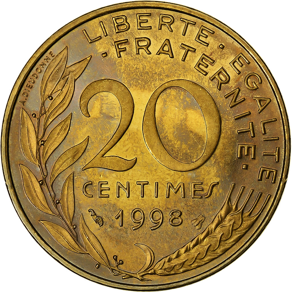 Frankrijk, 20 Centimes, Marianne, 1998, MDP, Proof, Aluminum-Bronze, FDC