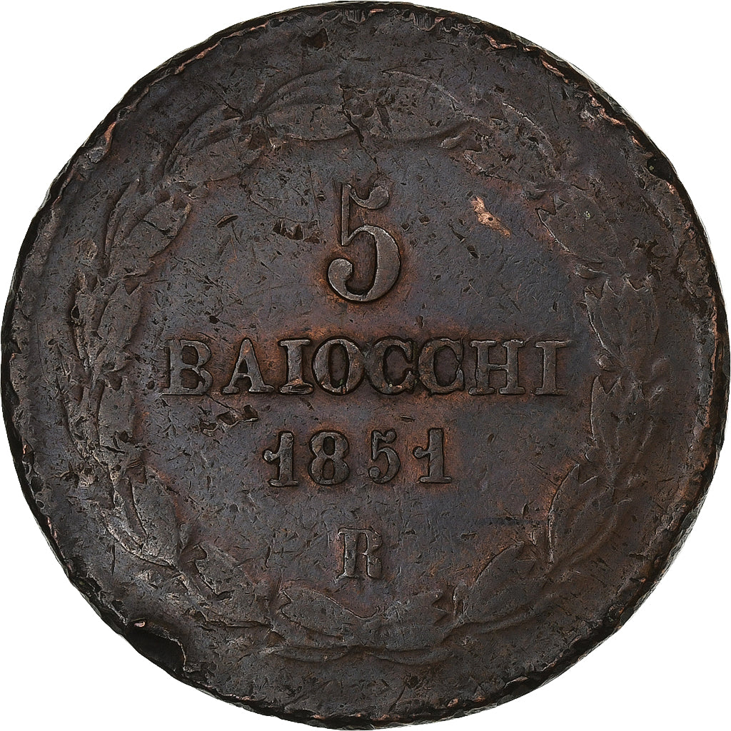 Papal States, Pius IX, 5 Baiocchi, 1851, Rome, Cobre, BC+, KM:1356