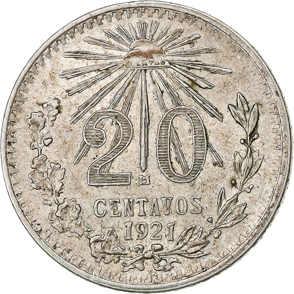 Mexico, 20 Centavos, 1921, Mexico City, Silver, AU(55-58)