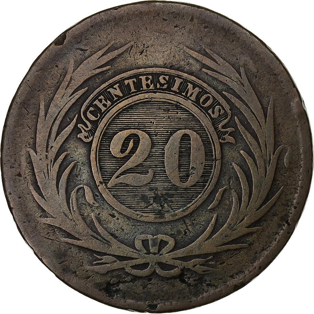 Uruguay, 20 Centesimos, 1843, Montevideo, Cuivre, TB