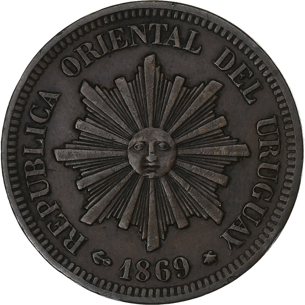 Uruguai, 2 Centesimos, 1869, Montevideo, Cobre, AU(50-53)