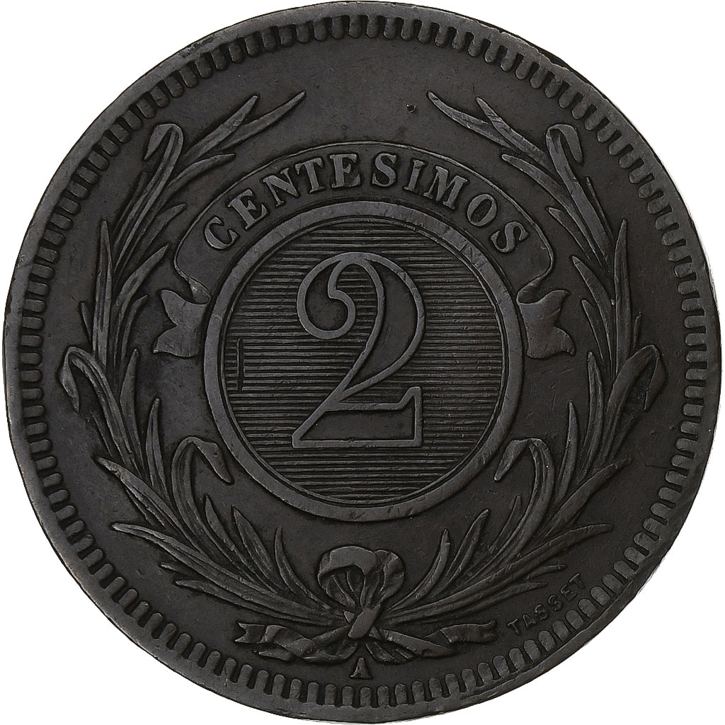 Uruguai, 2 Centesimos, 1869, Montevideo, Cobre, AU(50-53)