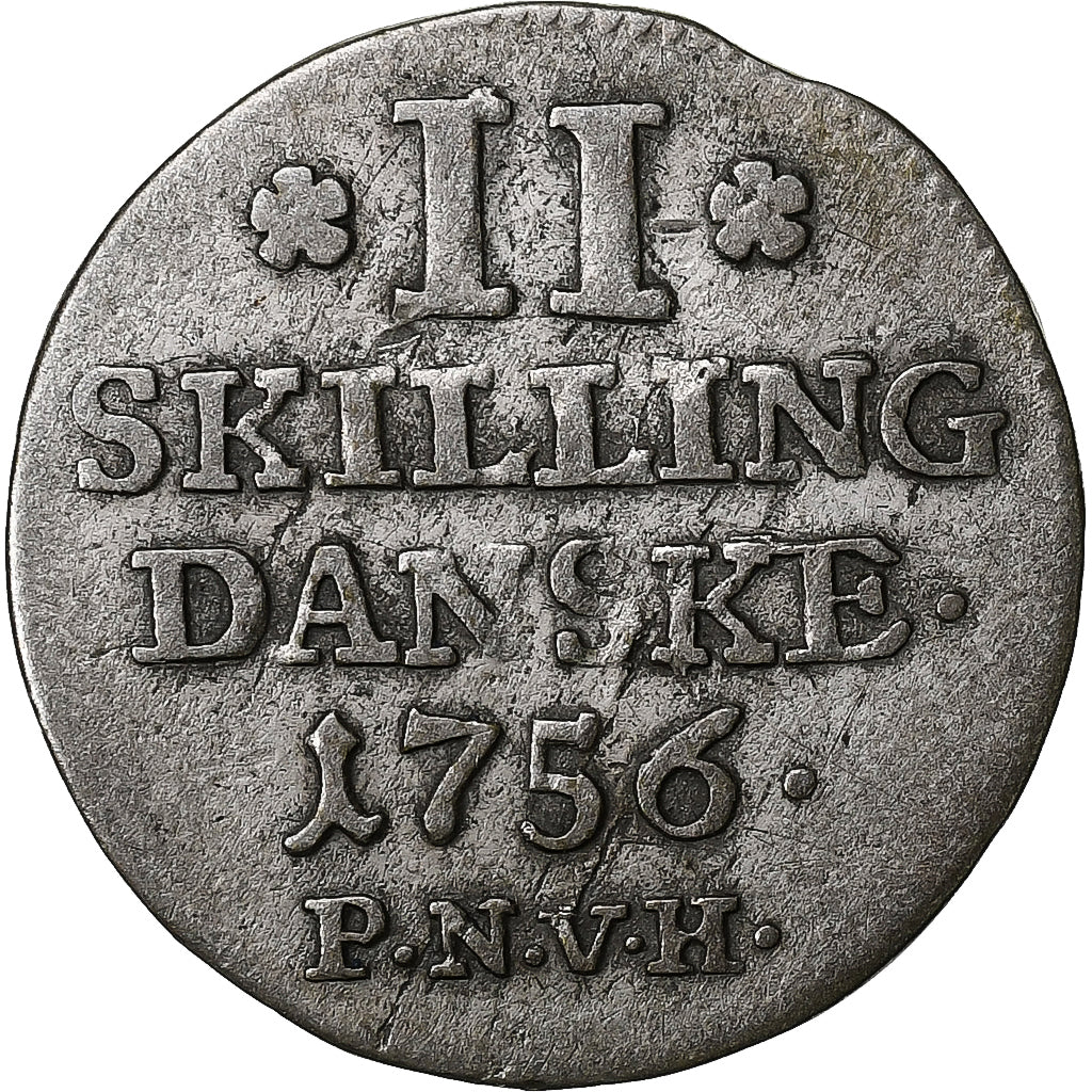 Danimarca, Frederik V, 2 Skilling, 1756, Copenhagen, Biglione, BB+