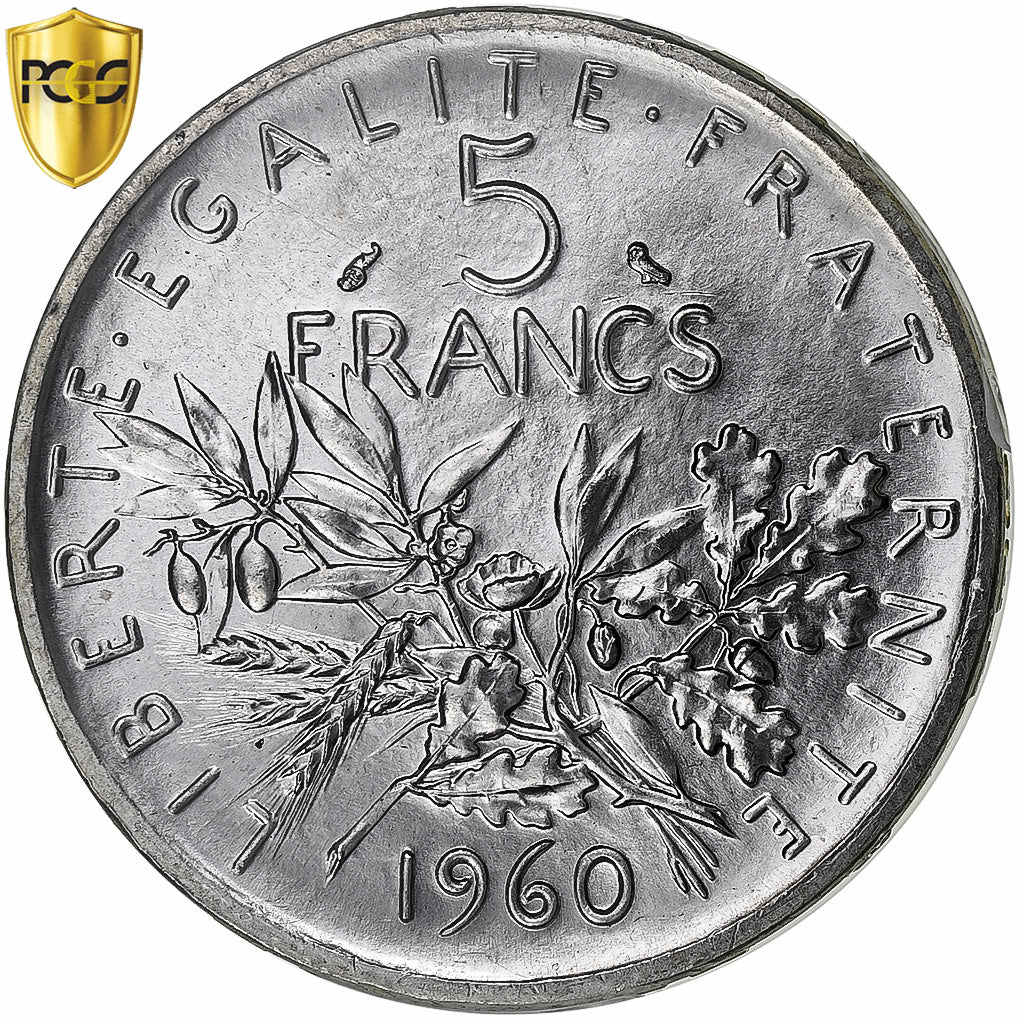 France, 5 Francs, Semeuse, 1960, Paris, Silver, PCGS, MS(64), Gadoury:770, Le