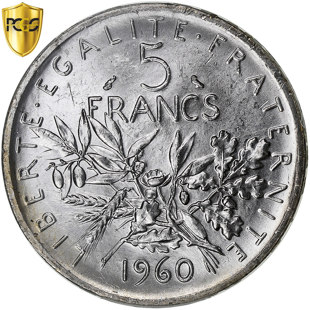 France, 5 Francs, Semeuse, 1960, Paris, Silver, PCGS, MS(64), Gadoury:770, Le