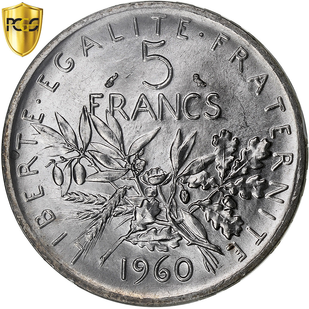 Frankrijk, 5 Francs, Semeuse, 1960, Paris, Zilver, PCGS, UNC, Gadoury:770, Le