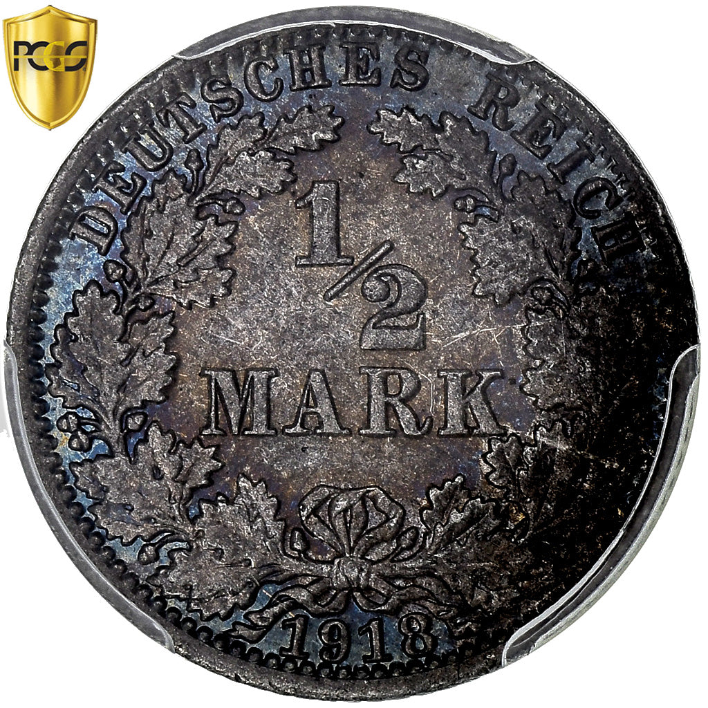 GERMANIA - IMPERO, Wilhelm II, 1/2 Mark, 1918, Berlin, Argento, PCGS, FDC, KM:17