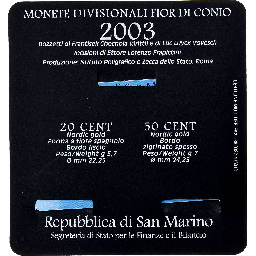Saint Marin , 20c. + 50c., Coin card.FDC, 2003, Rome, Or nordique, FDC