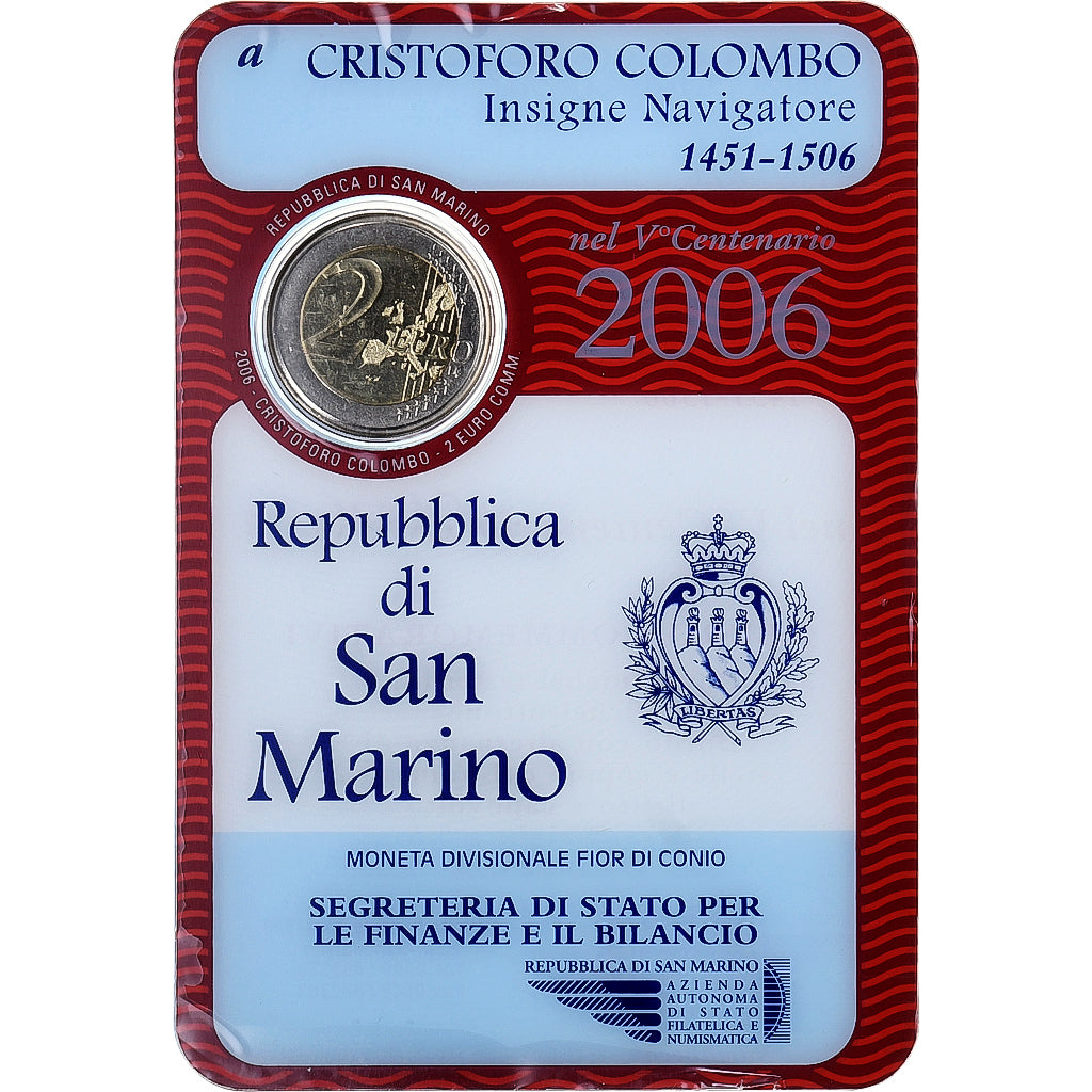 San Marino, 2 Euro, Christopher Colombus, Coin card.FDC, 2006, Rome
