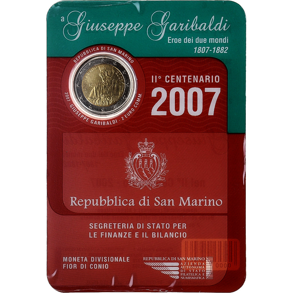 San Marino, 2 Euro, Giuseppe Garibaldi, Coin card.FDC, 2007, Rome, Bi-Metallic