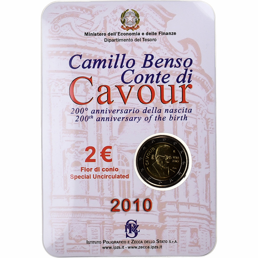 Italy, 2 Euro, Camillo Benso comte di Cavour, Coin card.FDC, 2010, Rome