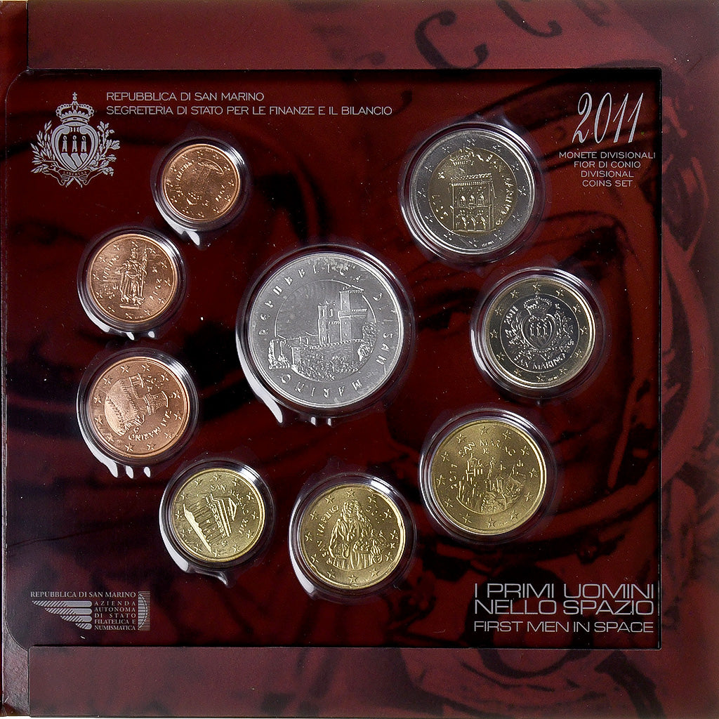 San Marino, Set 1 ct. - 5 Euro, First Men In Space, Coin card.FDC, 2011, Rome