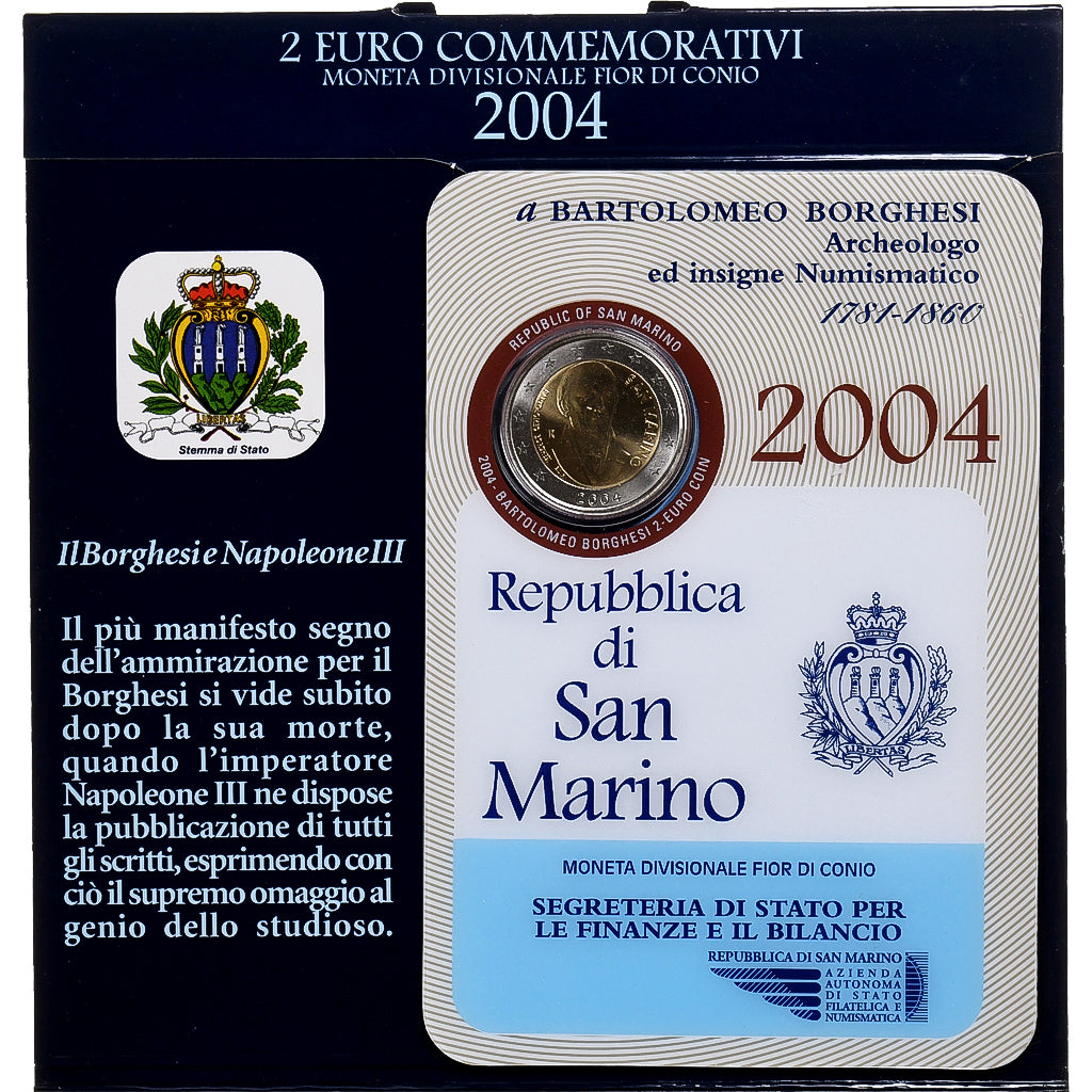 Saint Marin , 2 Euro, Bartolomeo Borghesi, Coin card.FDC, 2004, Rome