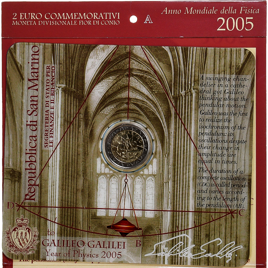 San Marino, 2 Euro, Galileo Galilei, Coin card.FDC, 2005, Rome, Bi-Metallic