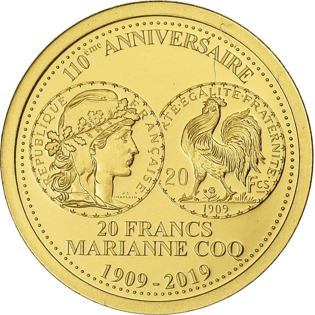 France, Medal, Réplique, 20 francs or Coq 1909, 2009, Gold, MS(65-70)