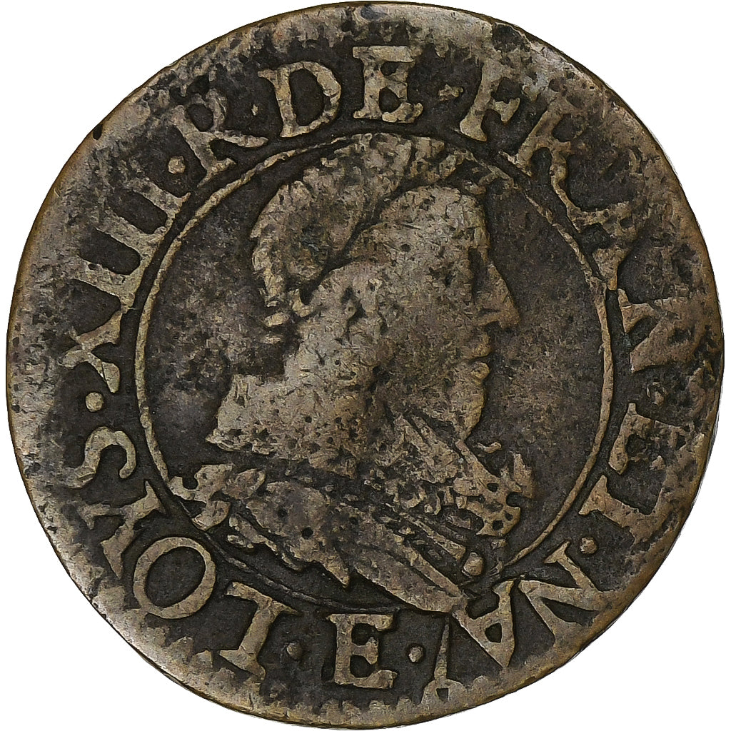 Francia, Louis XIII, Double Tournois, 1632, Tours, Rame, MB+, CGKL:440