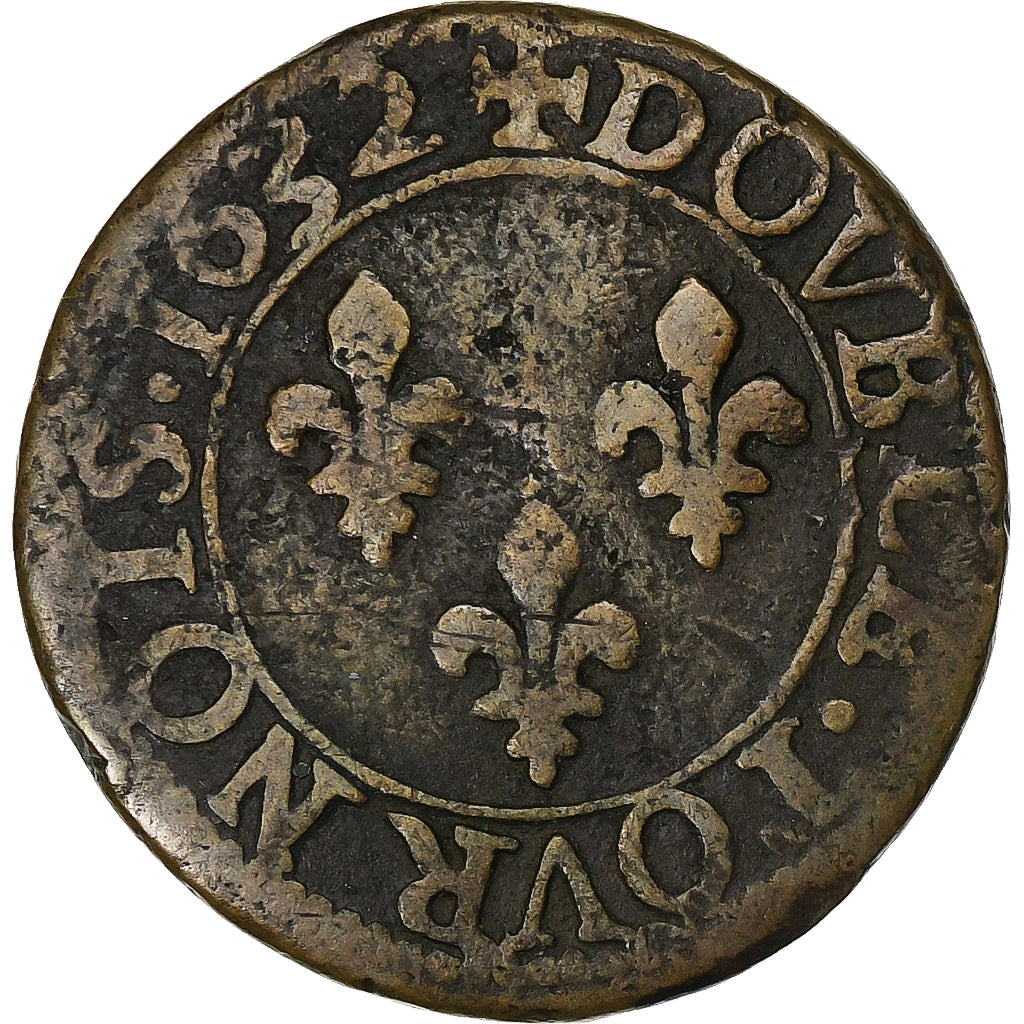 Francia, Louis XIII, Double Tournois, 1632, Tours, Rame, MB+, CGKL:440