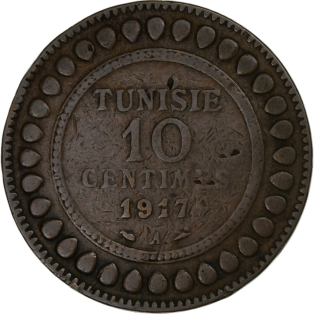 Tunisia, Muhammad al-Nasir Bey, 10 Centimes, 1917, Brązowy, VF(30-35), KM:236
