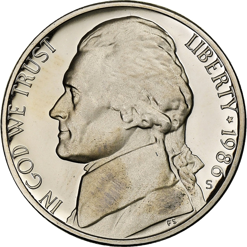 Estados Unidos, 5 Cents, Thomas Jefferson, 1986, San Francisco, Prueba, Cobre -