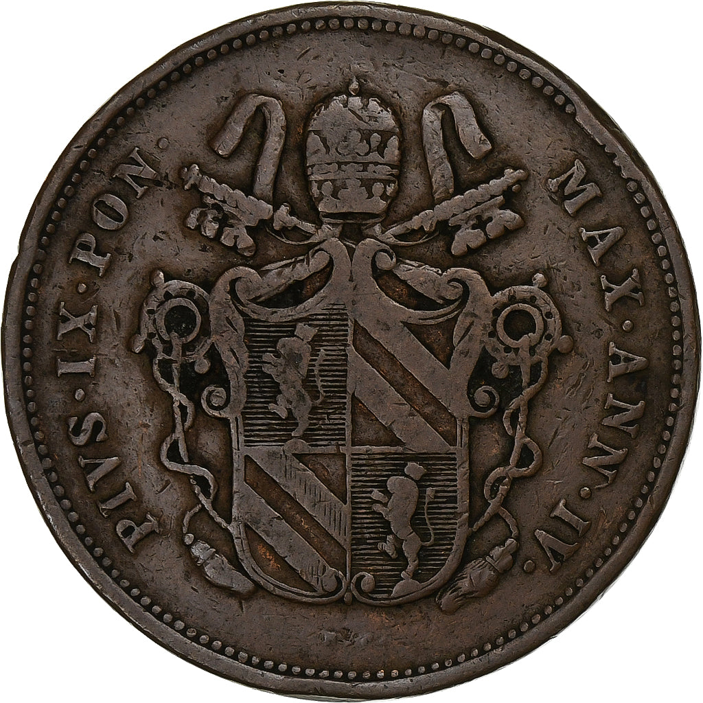 Papal States, Pius IX, 2 Baiocchi, 1850, Rome, Copper, VF(30-35), KM:1344
