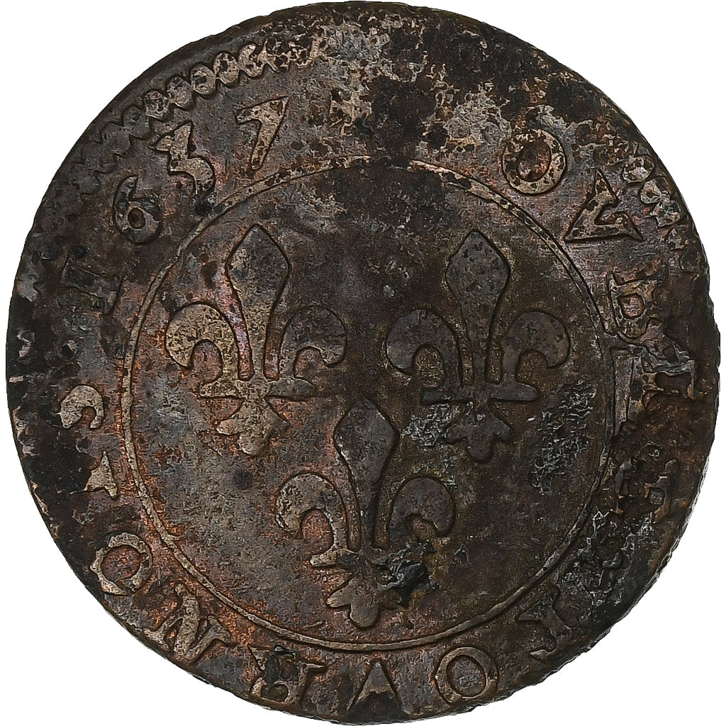 Francia, Louis XIII, Double Tournois, 1637, Lyon, Rame, BB, CGKL:358