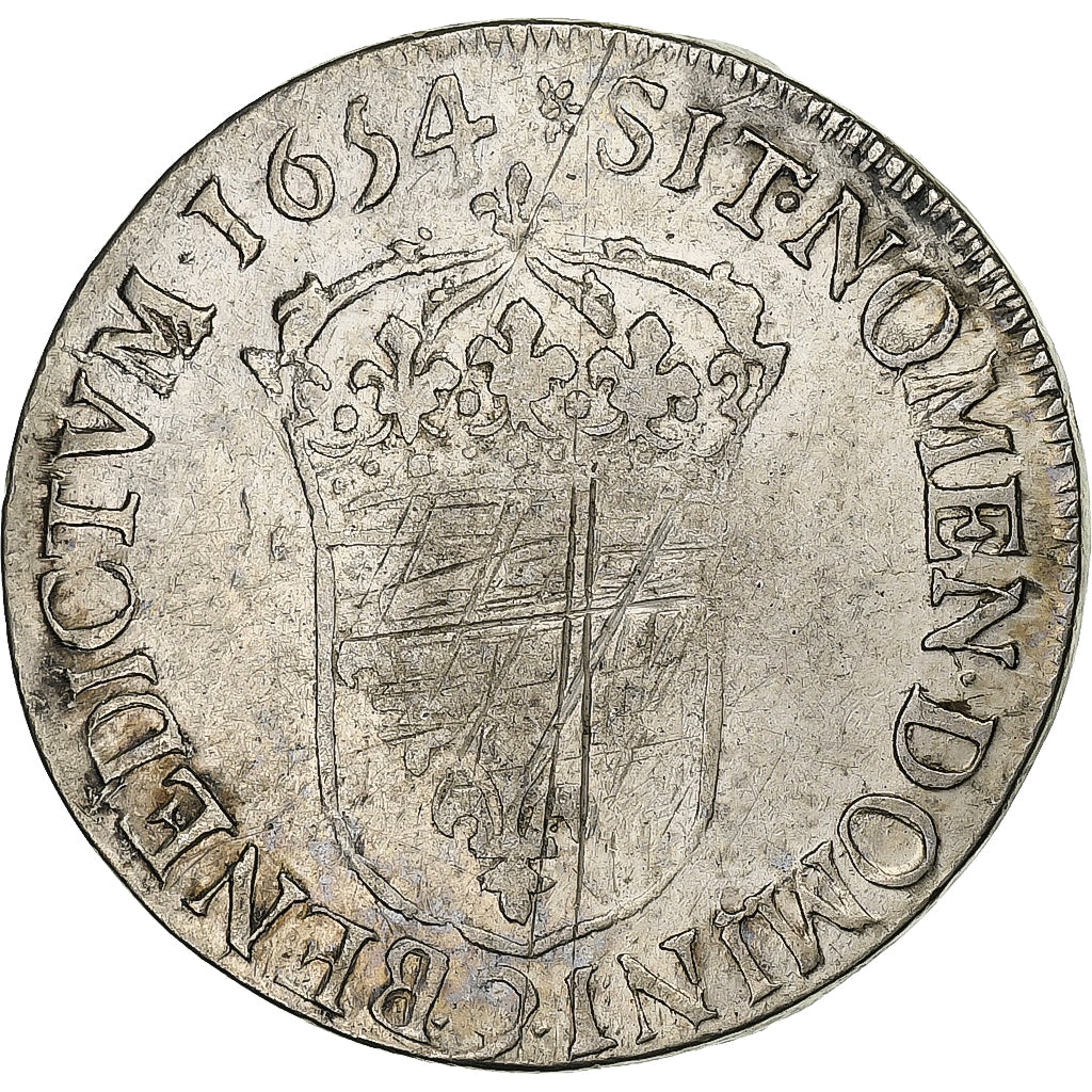 France, Louis XIV, 1/2 Écu à la mèche longue, 1654, Rennes, Silver