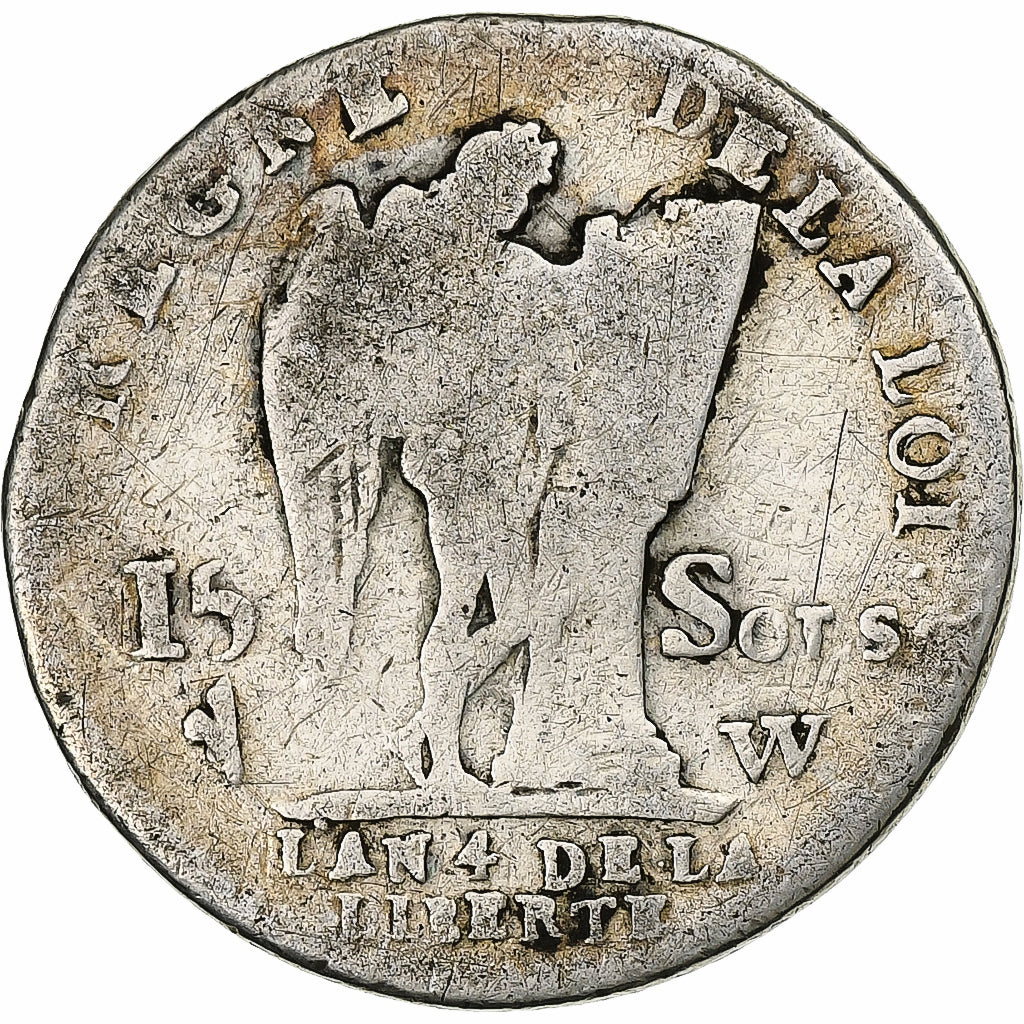 France, Louis XVI, 15 Sols, 1792 / AN 4, Lille, Silver, F(12-15), Gadoury:36