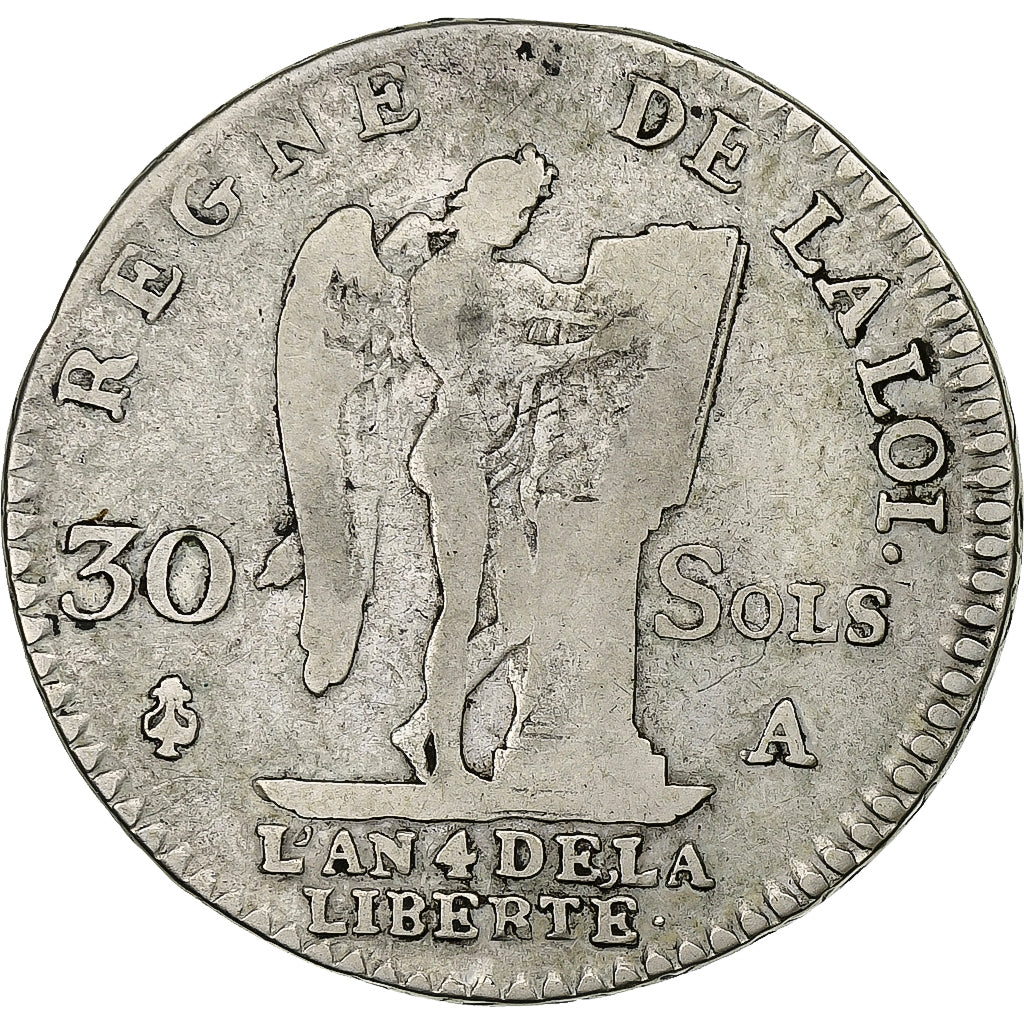 France, Louis XVI, 30 Sols, 1792 / AN 4, Paris, 2nd semestre, Silver, VF(20-25)