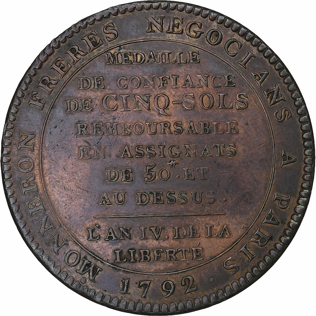 Frankreich, Monneron de 5 Sols, 1792 / AN 4, Birmingham, Bronze, SS