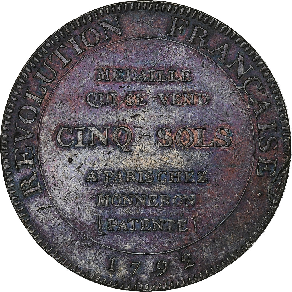 France, Monneron de 5 Sols, Hercule, 1792 / AN 4, Birmingham, Bronze, TTB