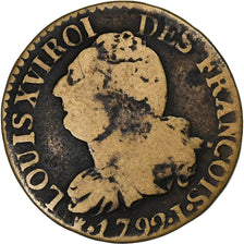 Francia, Louis XVI, 3 Deniers, 1792 / AN 4, Limoges, Latón, BC+, Gadoury:5