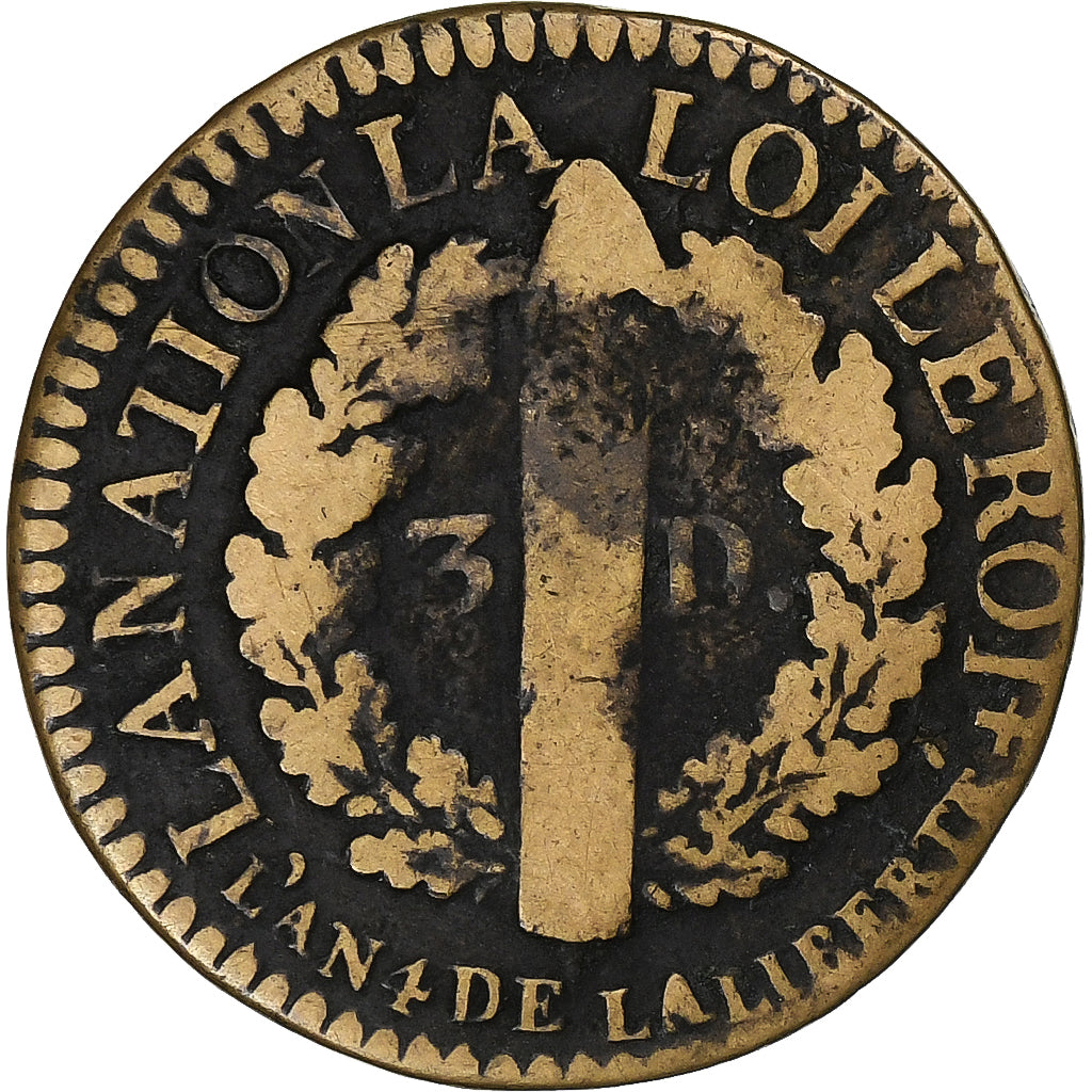 Francia, Louis XVI, 3 Deniers, 1792 / AN 4, Limoges, Latón, BC+, Gadoury:5
