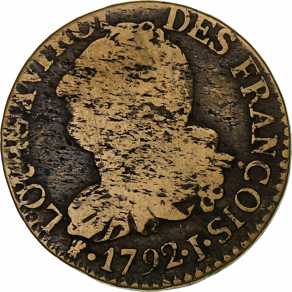 France, Louis XVI, 3 Deniers, 1792 / AN 4, Limoges, Brass, F(12-15), Gadoury:5