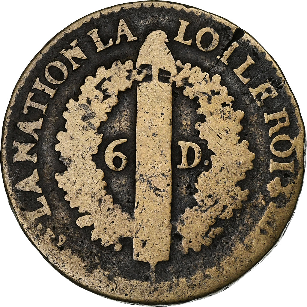 France, Louis XVI, 6 Deniers, 1793 / AN 5, Nantes, Copper, VF(20-25), Gadoury:8