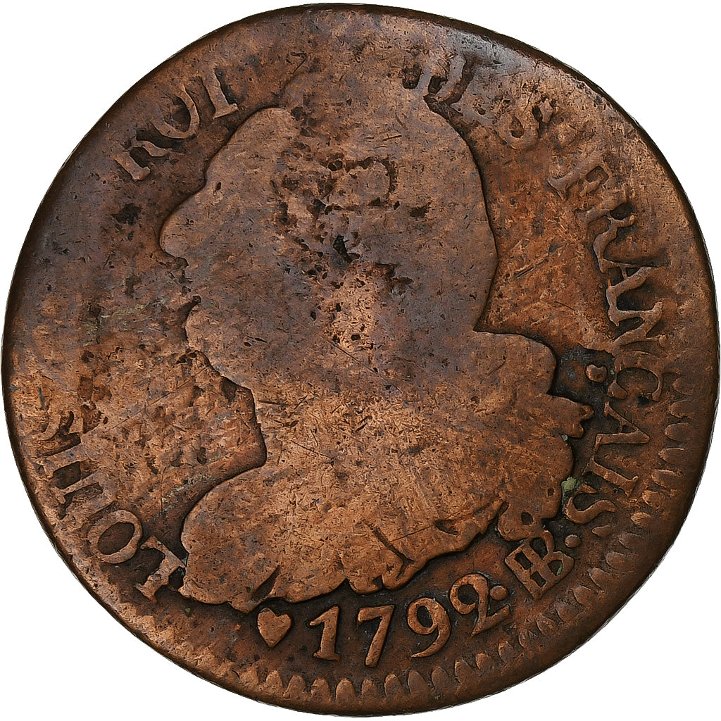 France, Louis XVI, 6 deniers français, 1792 / AN 4, Strasbourg, Copper