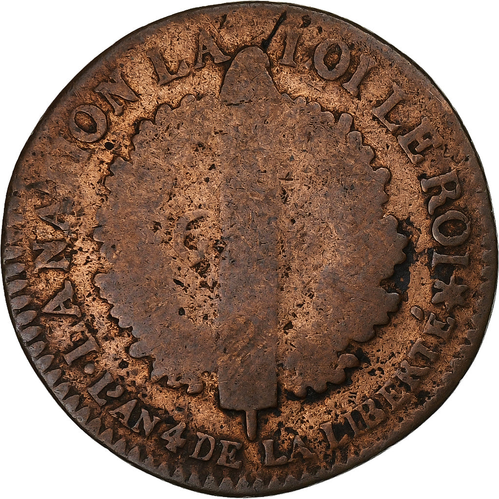 France, Louis XVI, 6 deniers français, 1792 / AN 4, Strasbourg, Copper